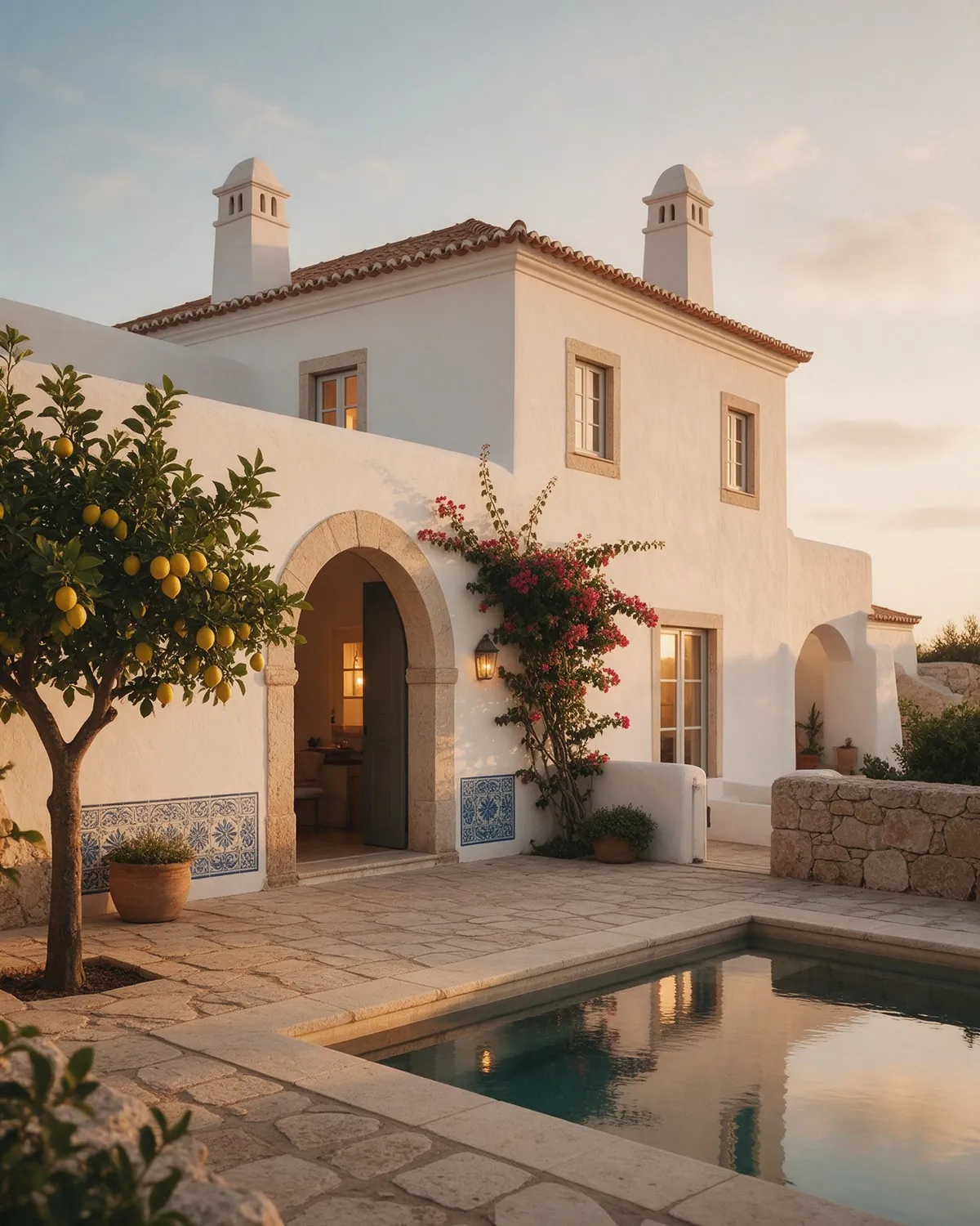 Casa portuguesa branca, com piscina e laranjeira, à venda em Portugal