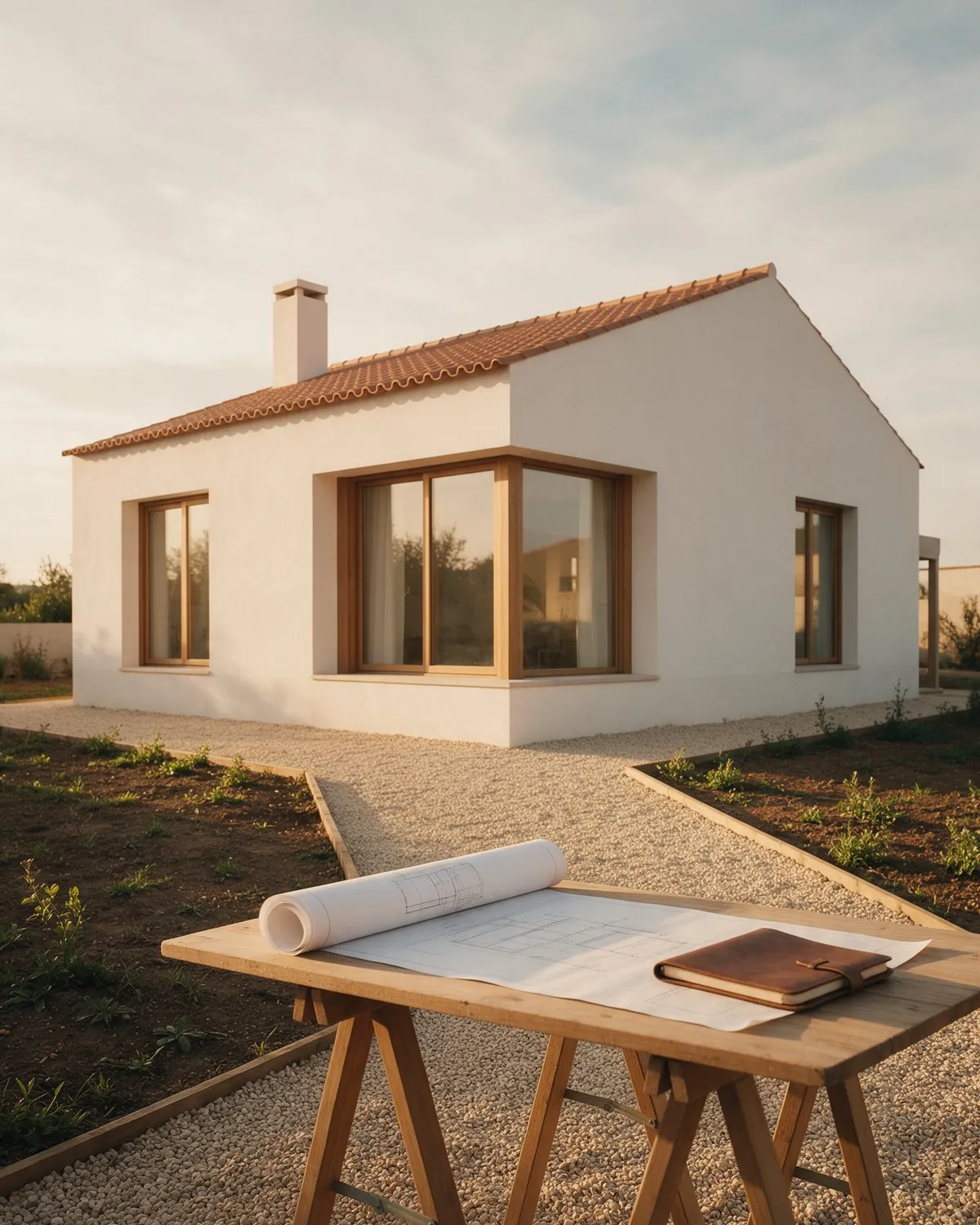 Casa nova em construção, com a planta do projeto aberta sobre uma mesa de madeira