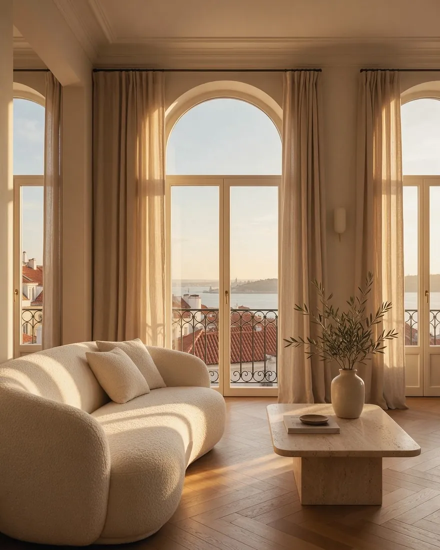 Sala de apartamento em Portugal, com janelas em arco e vista sobre os telhados e o rio