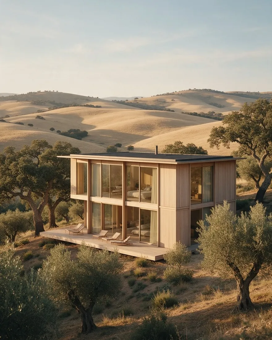 Casa modular de madeira e vidro entre oliveiras, numa paisagem de colinas